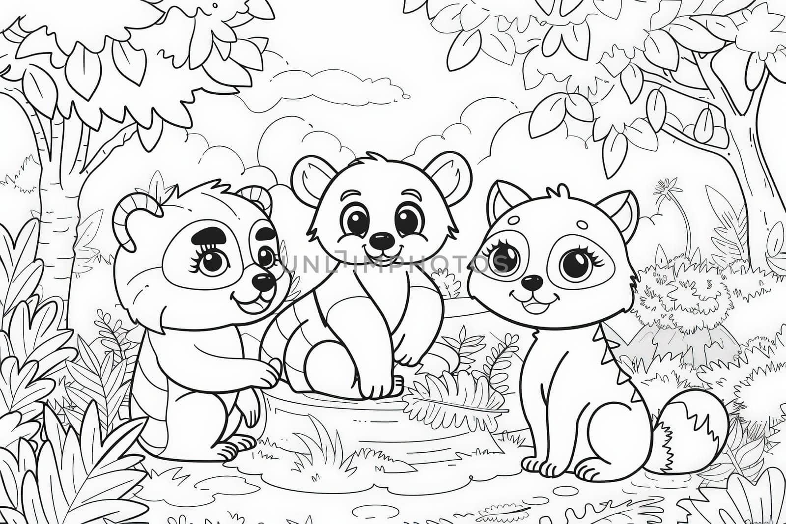 Three adorable little animals are exploring the colorful forest, surrounded by trees and flowers, in this charming coloring page for kids.