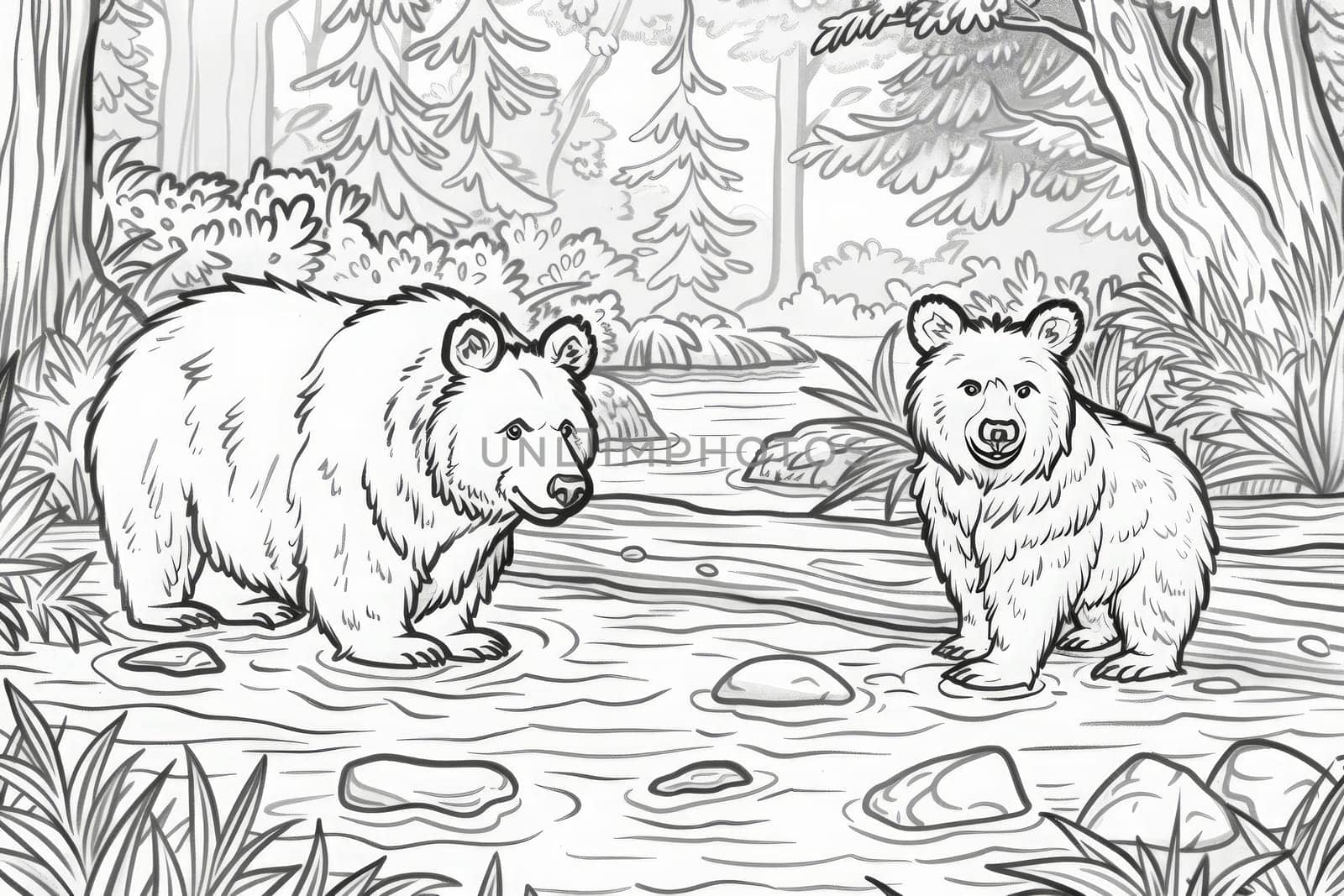 Two cartoon bears stand near a gentle stream amidst a detailed forest backdrop.