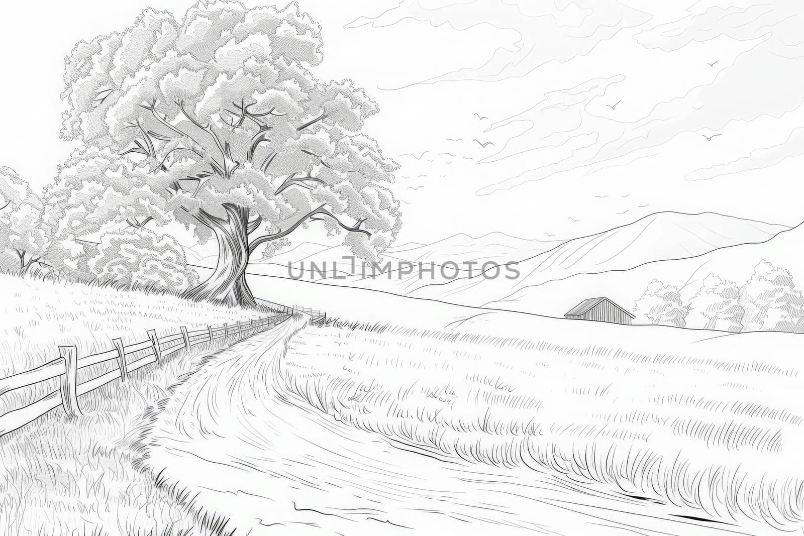 A tranquil scene of a black and white country road winding through fields and trees, inviting exploration and contemplation.