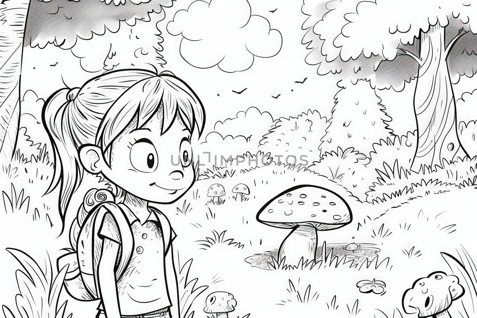 A young girl with a backpack gazes at a mysterious mushroom sprouting amidst the lush greenery of the forest.