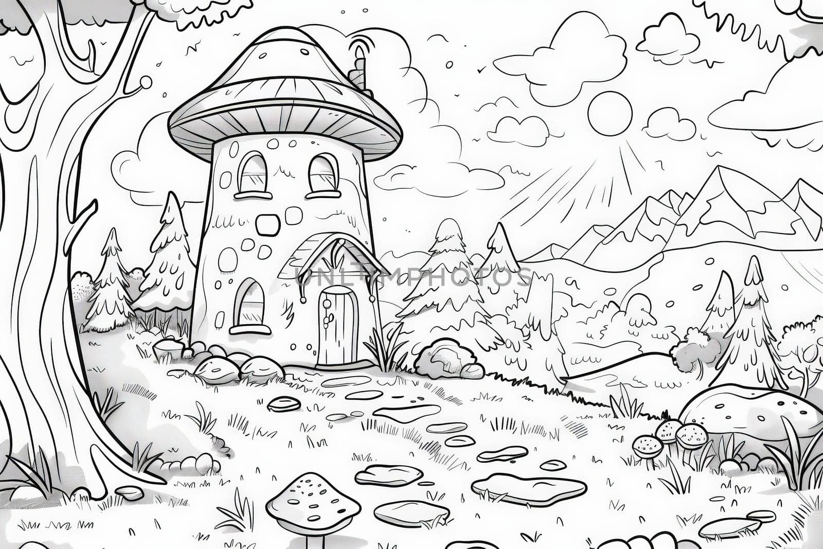 A whimsical mushroom house nestled in a lush forest, surrounded by tall trees and vibrant foliage.