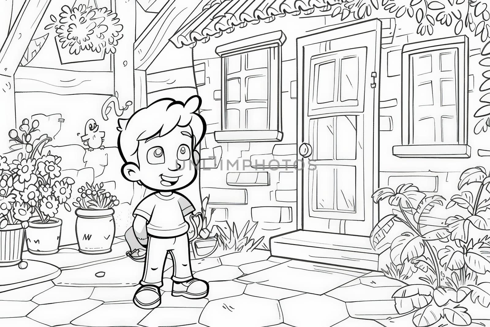 A young cartoon boy named Timmy stands confidently in front of a whimsical house, ready to embark on an exciting adventure.