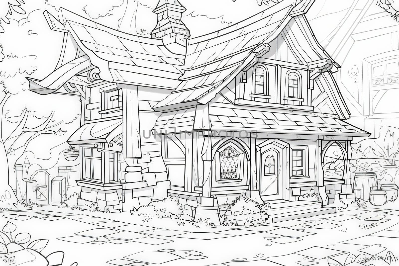 A whimsical drawing of a cozy cabin nestled in a lush forest setting, surrounded by tall trees and a serene atmosphere.
