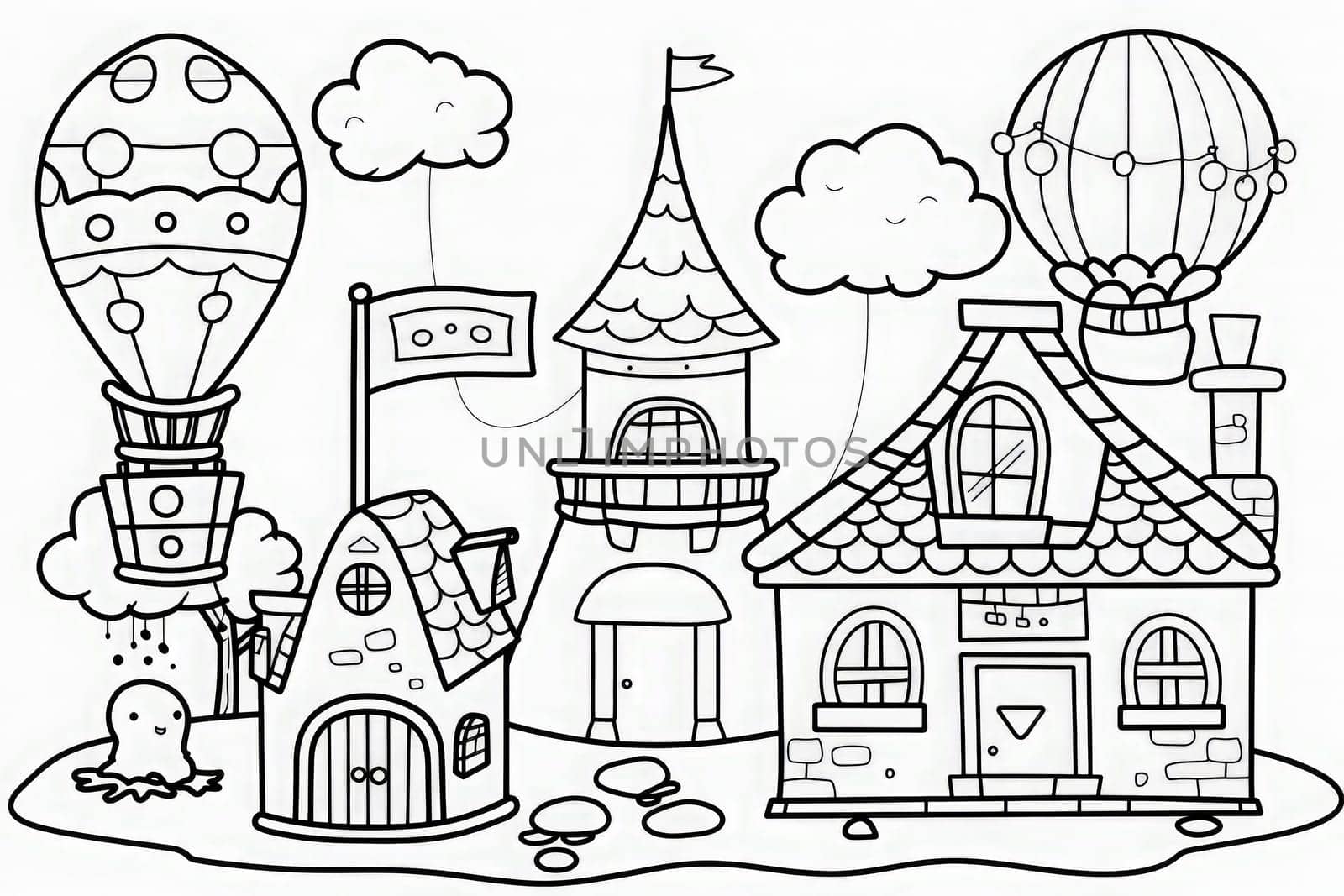 A coloring page featuring a majestic castle surrounded by whimsical hot air balloons floating in the sky.