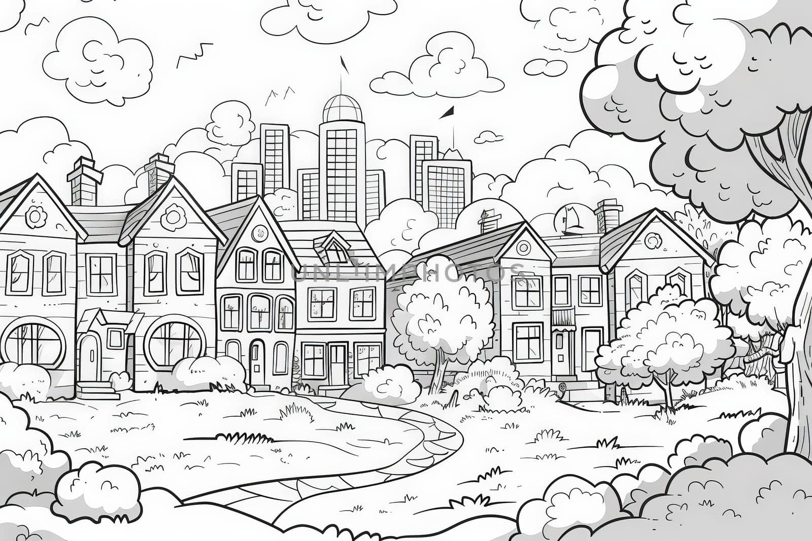 A charming sketch of a serene neighborhood flanked by greenery and skyscrapers on the horizon.