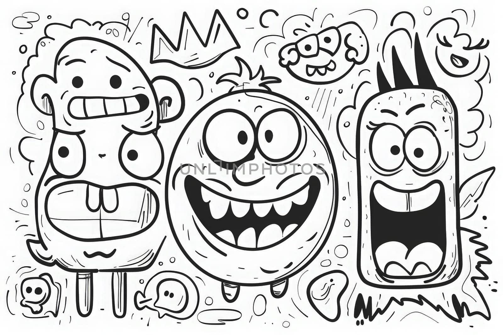 A lively black and white drawing featuring a variety of cartoon characters inspired by emojis, each with its own unique expression and personality.