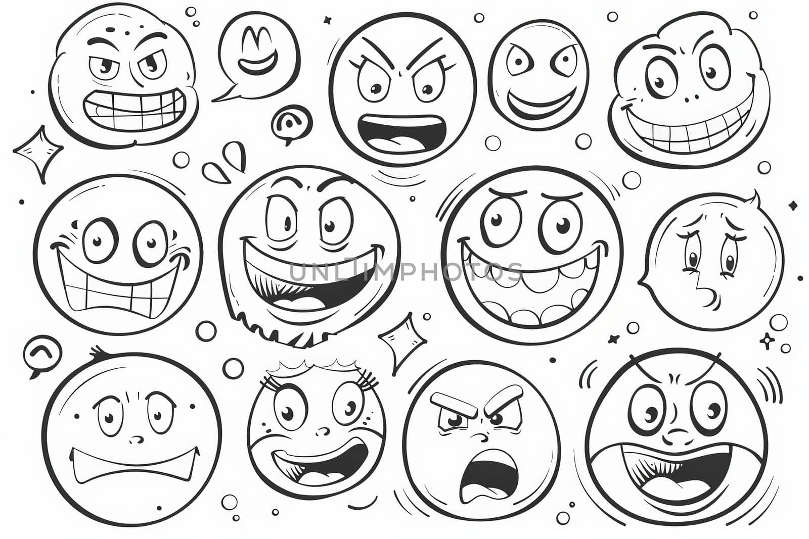 A colorful array of cartoon faces showcasing a variety of emotions, from joyful smiles to puzzled frowns.