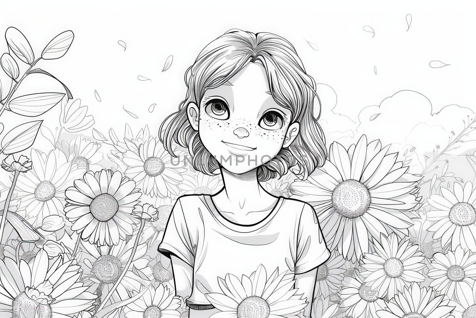 A girl with flowing hair stands tall in a field of bright yellow sunflowers, basking in the warm glow of the sun.