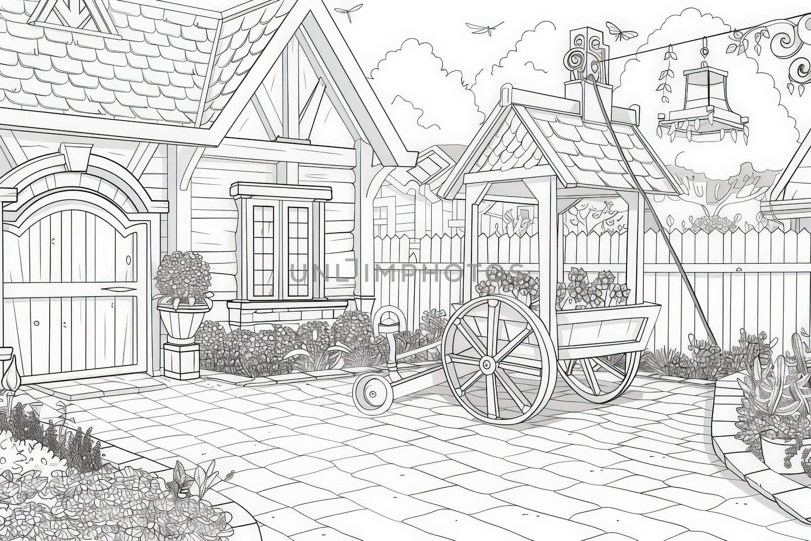 A whimsical cottage and cart await a splash of color under a cheerful sky.