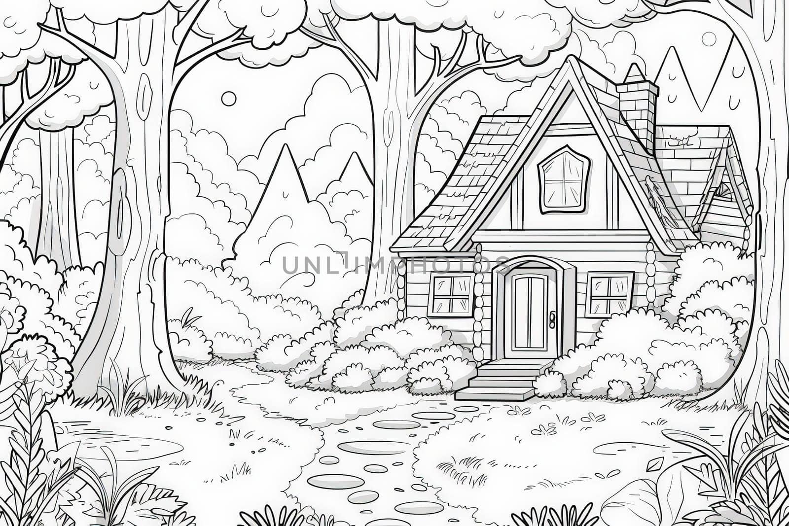 A charming house nestled in the heart of a lush forest, surrounded by a canopy of towering trees under a clear sky.