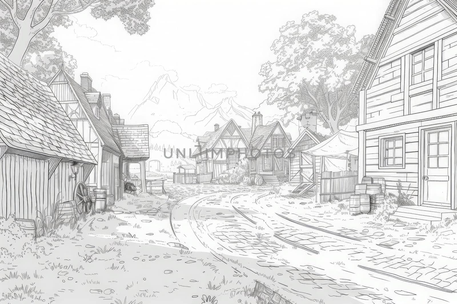 A charming village scene featuring quirky houses and lush trees in a playful, cartoon style perfect for coloring pages.