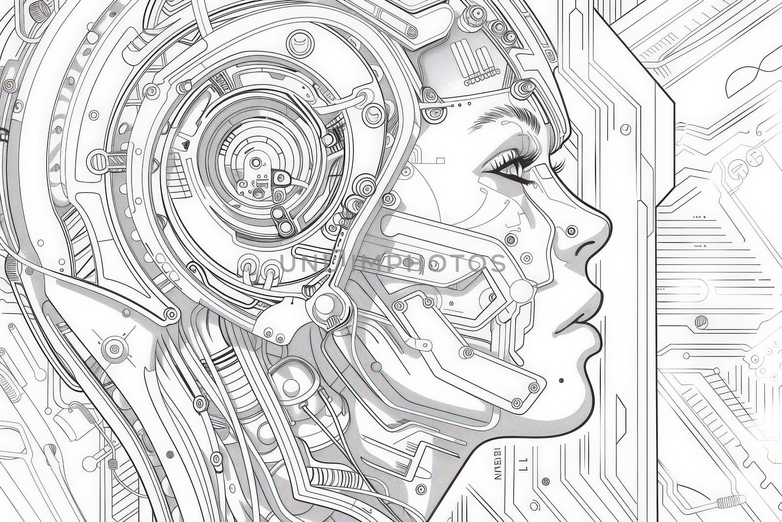 A serene face emerges amidst intricate cybernetic patterns, reflecting a symbiosis of technology and humanity.