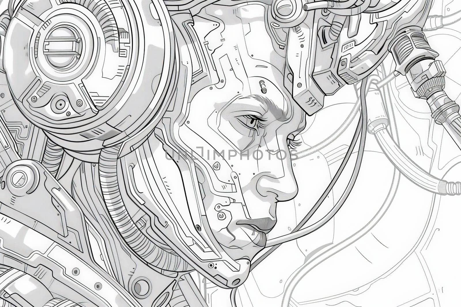 A detailed sketch of a cyborg face, blending human traits with mechanical elements.