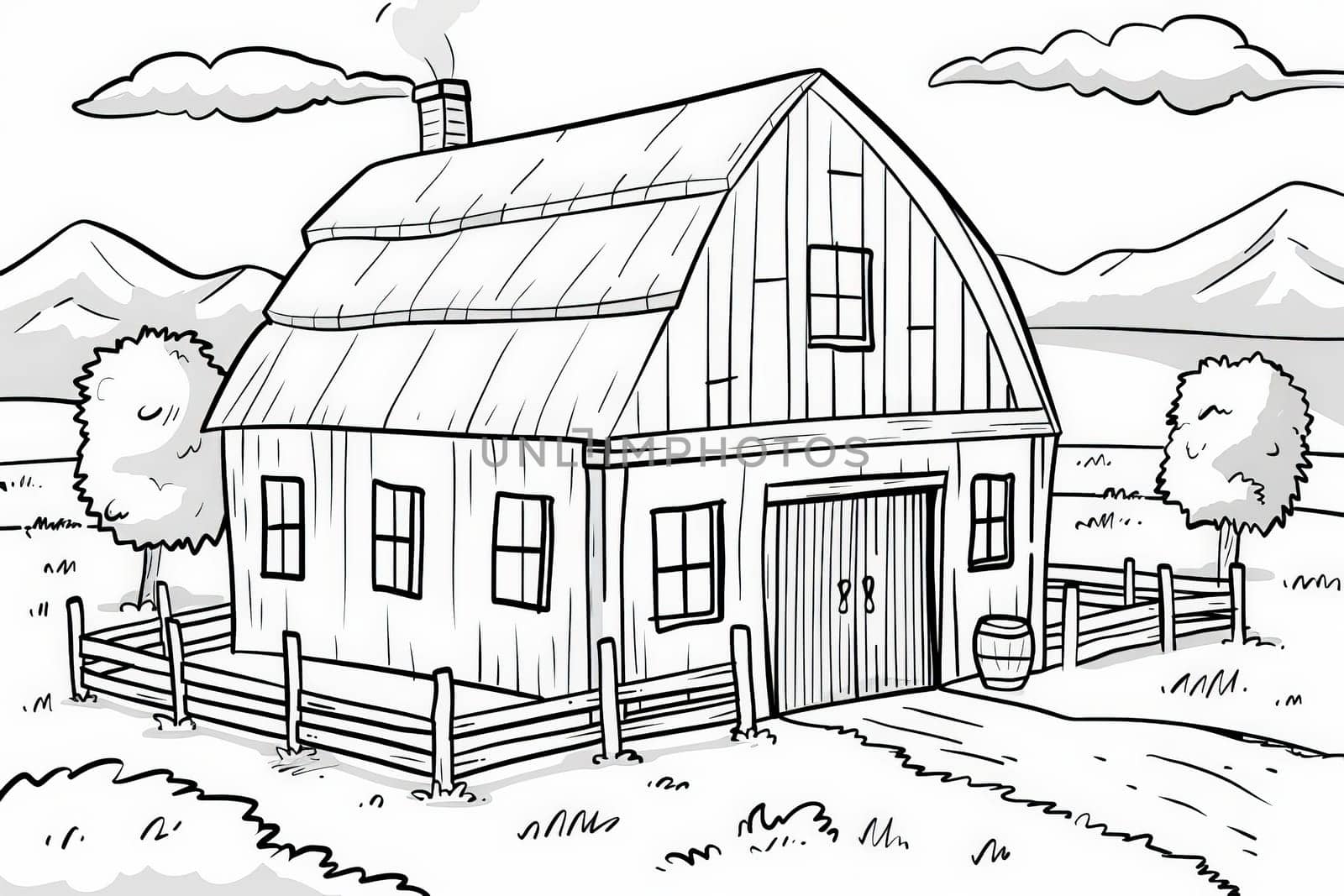 A quaint farm house nestled within a wooden fence, surrounded by towering mountains in the distance.