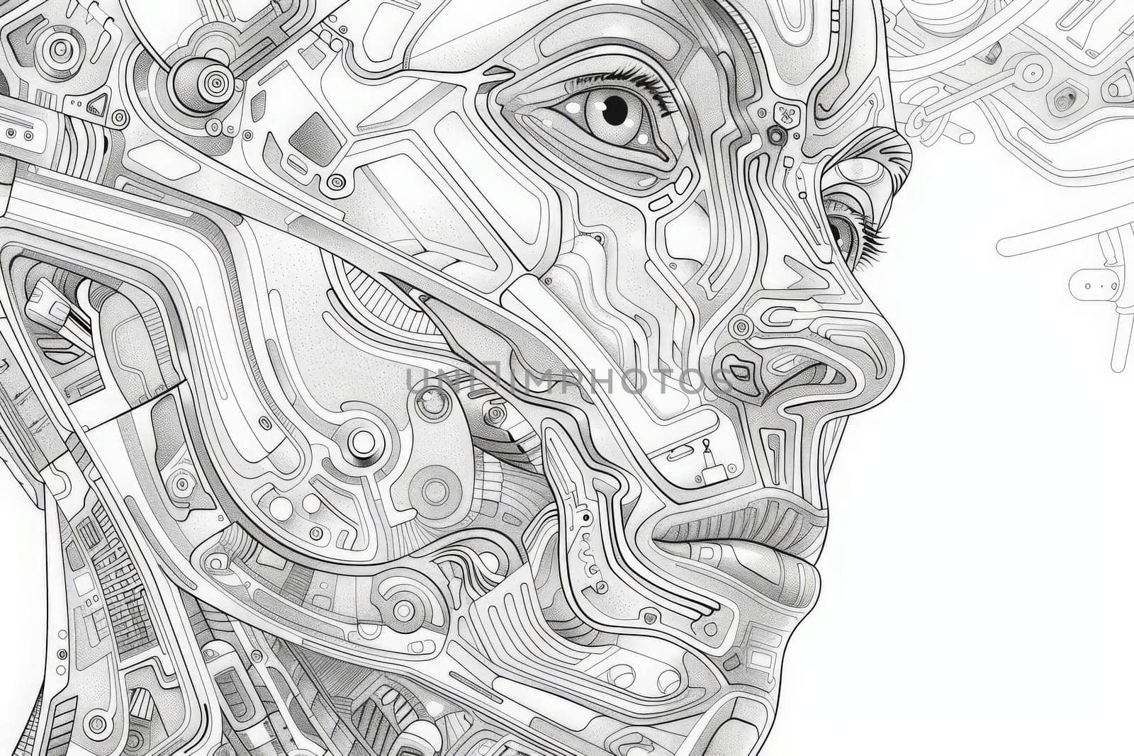 A detailed sketch blends a human eye amidst an array of mechanical components.