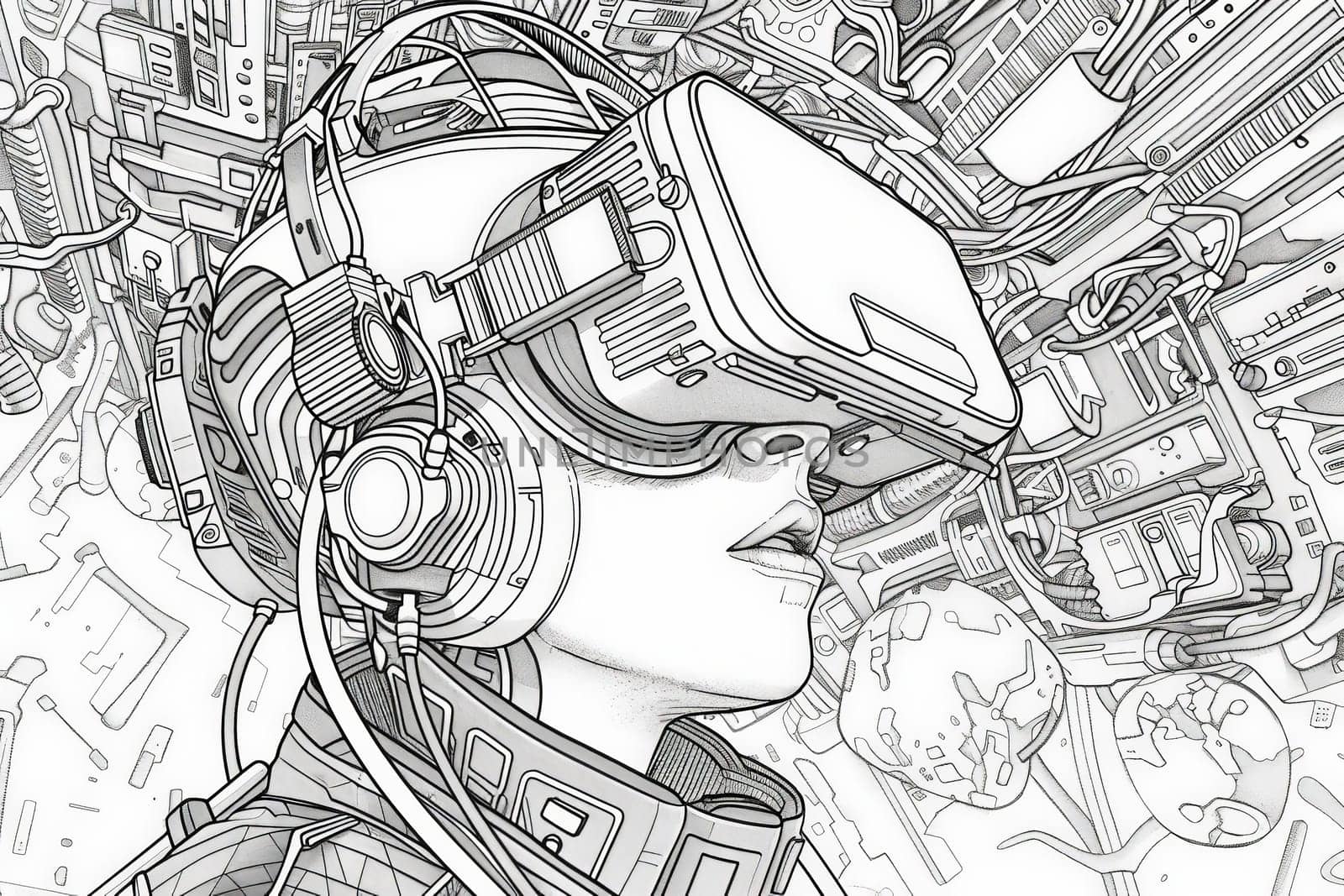 Captivating scene of a woman with VR headset surrounded by a labyrinth of tech elements.