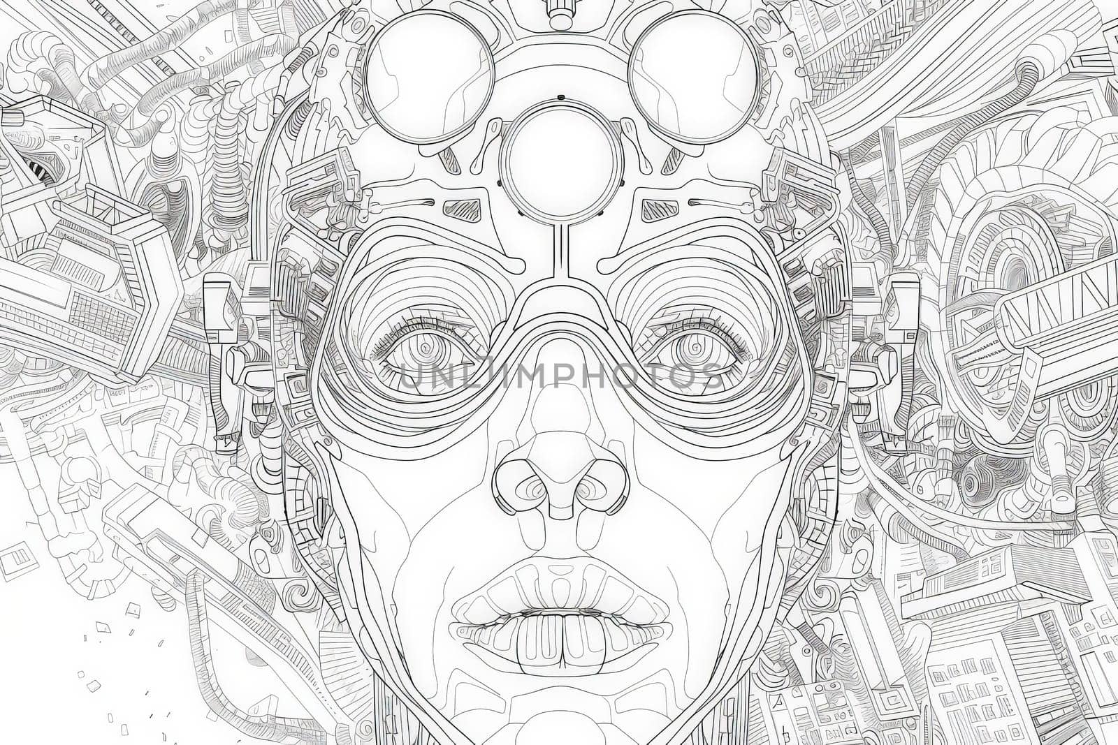 A detailed black and white drawing showcasing the intricate features of a womans face, capturing a sense of mystery and duality.