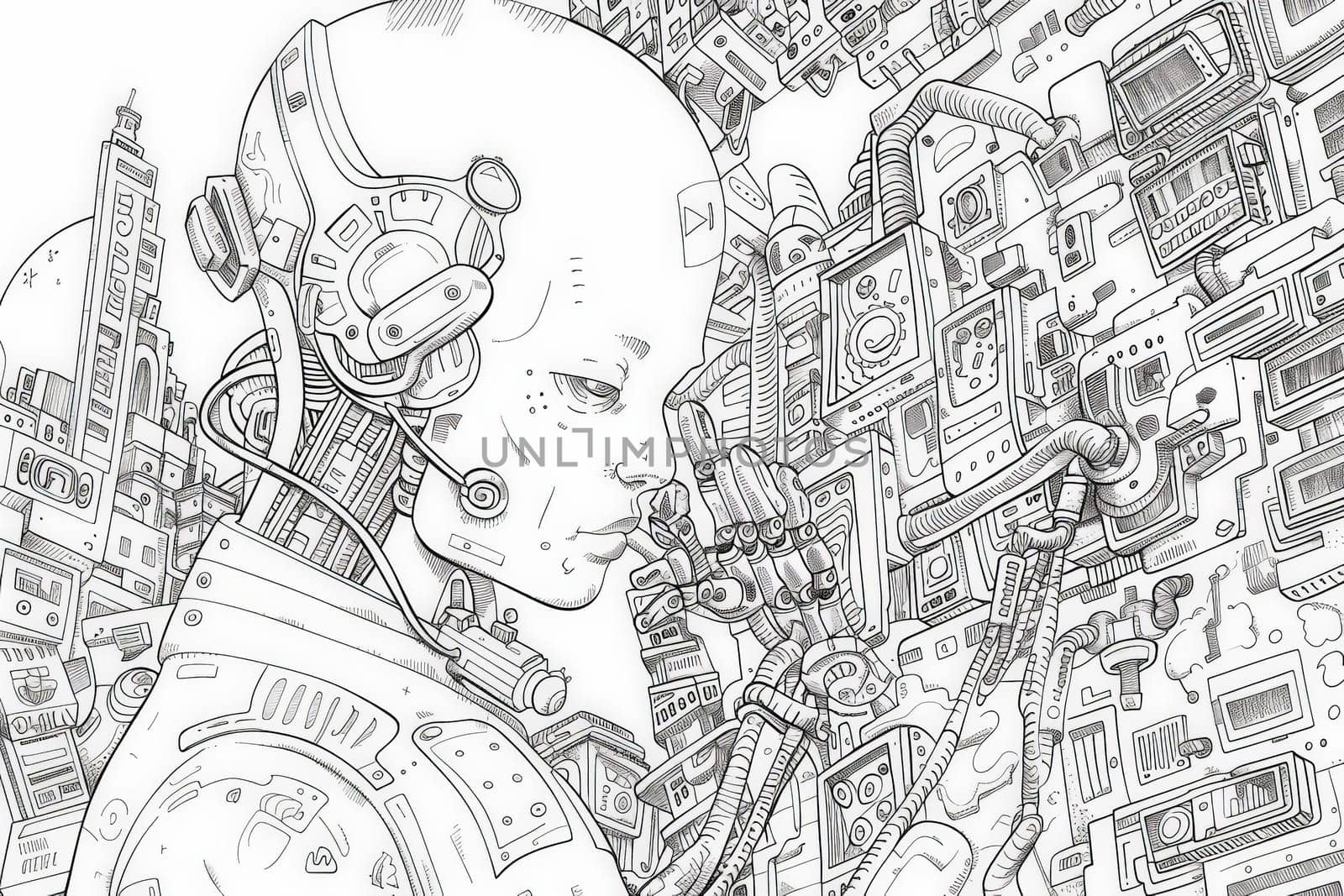 A detailed sketch of a cyborg surrounded by myriad technological devices, wires, and circuitry.