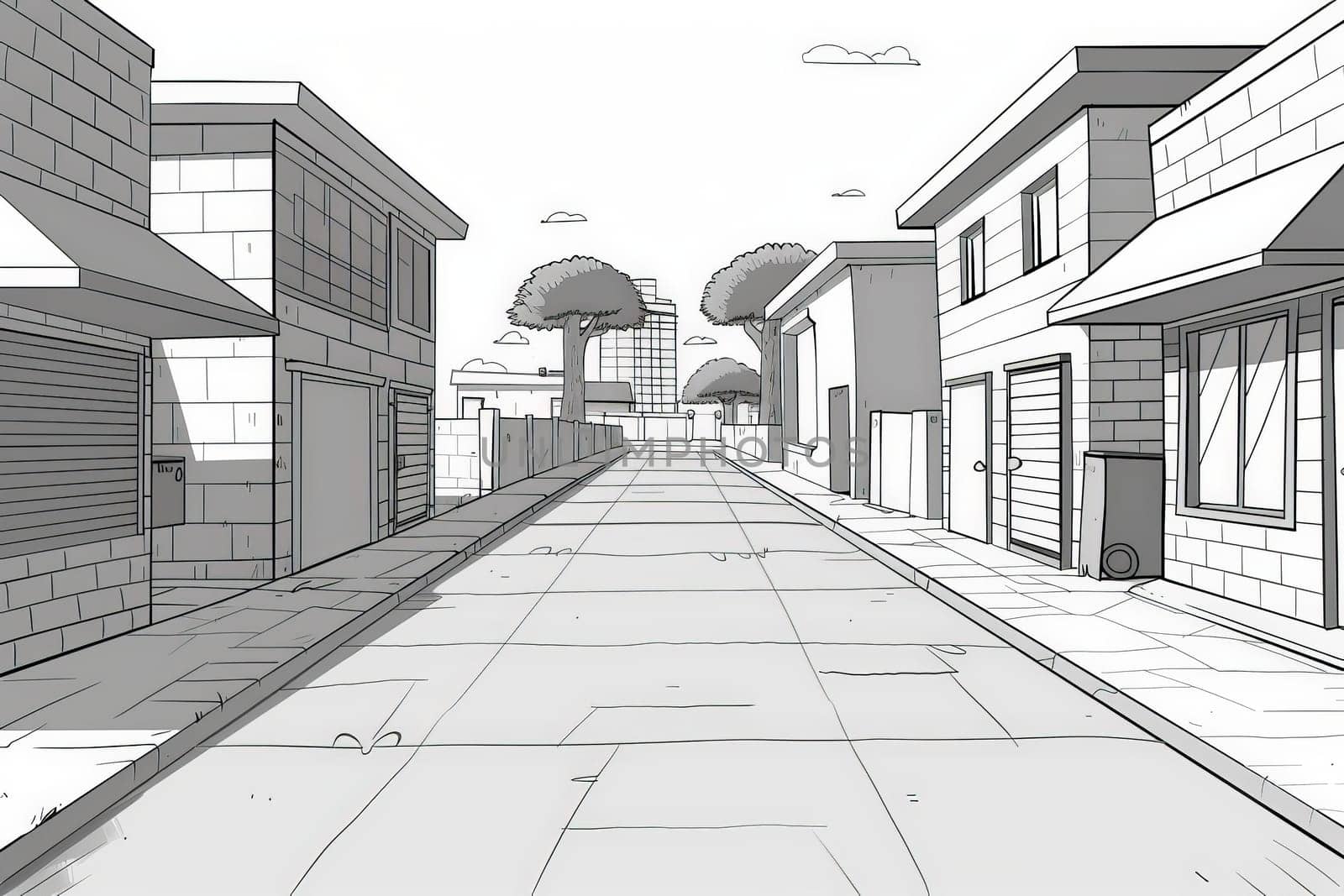 A charming black and white illustration of a bustling city street filled with unique buildings and lively pedestrians.