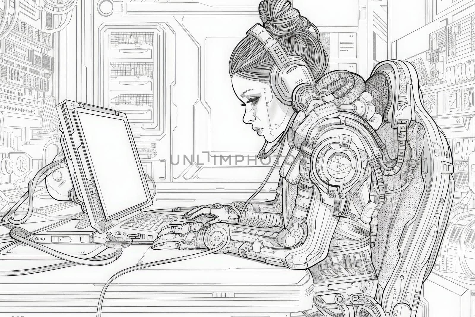 A cyber-enhanced technician meticulously configures high-tech machinery in a cutting-edge lab setting.