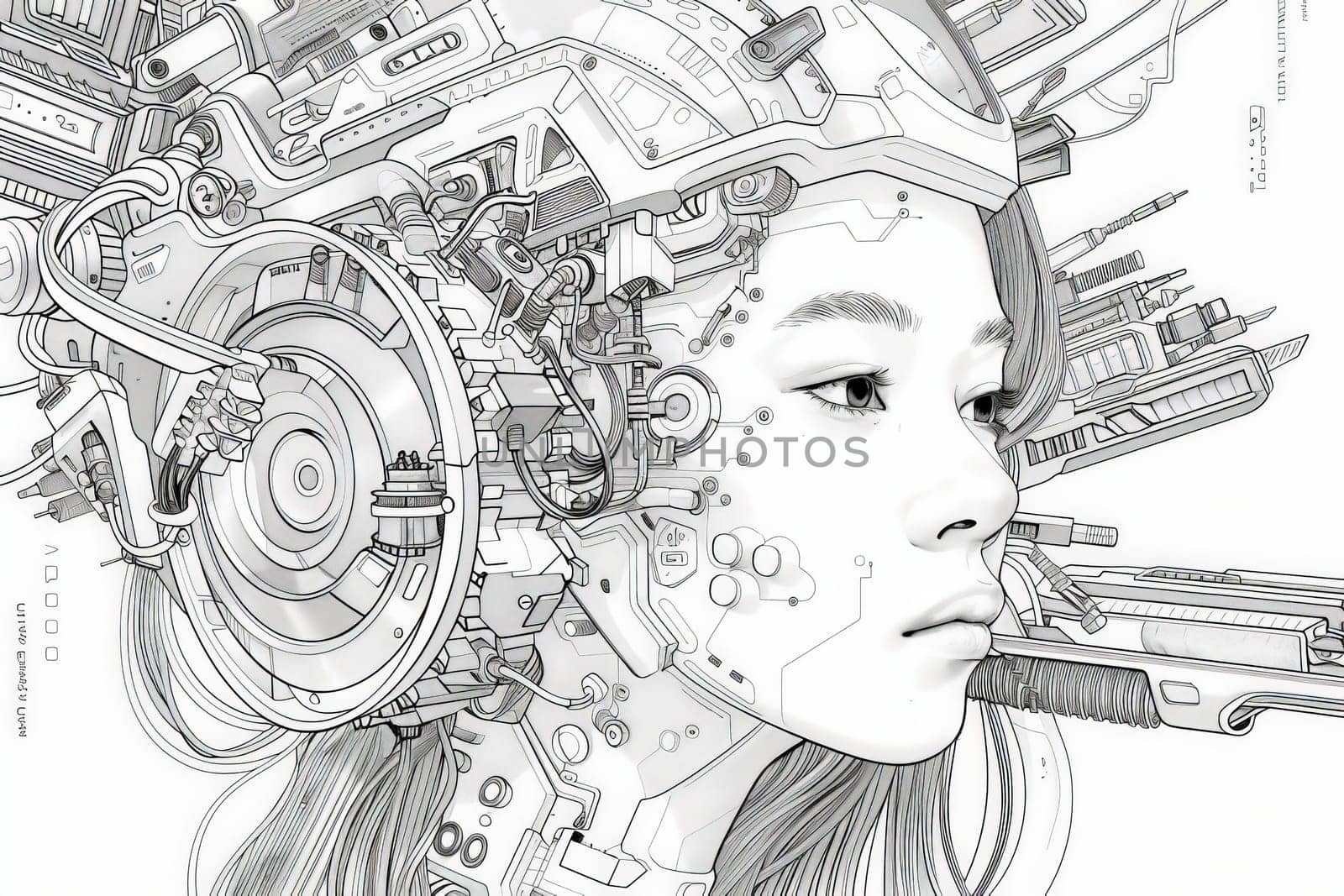 A detailed drawing of a woman with a machine balanced on her head, creating a blend of human and technological elements in a surreal setting.