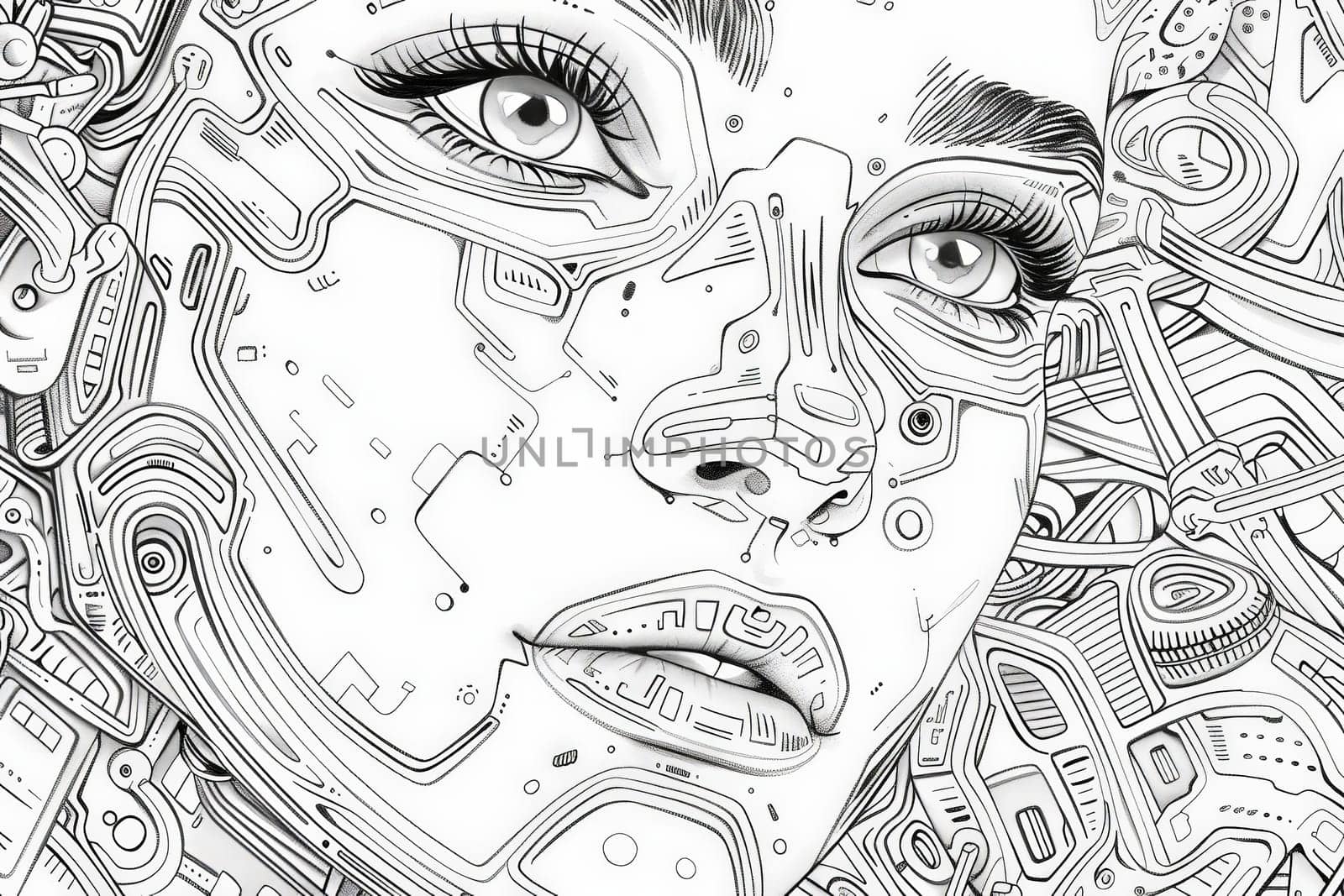 Detailed drawing of a womans face with numerous lines, showcasing intricate features and emotions.