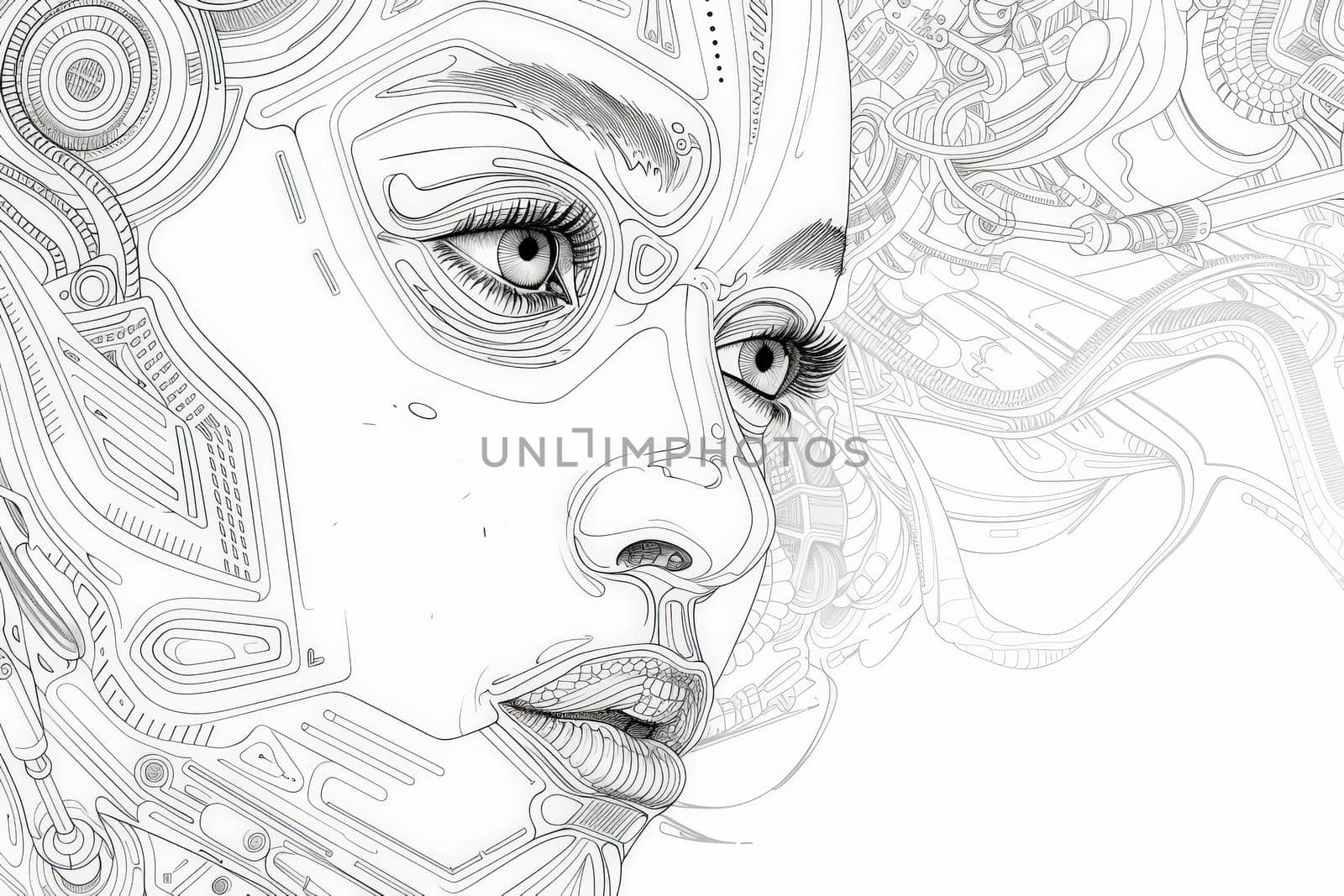 A captivating, intricate portrait of a womans face, showcasing delicate features and a hint of mystery.