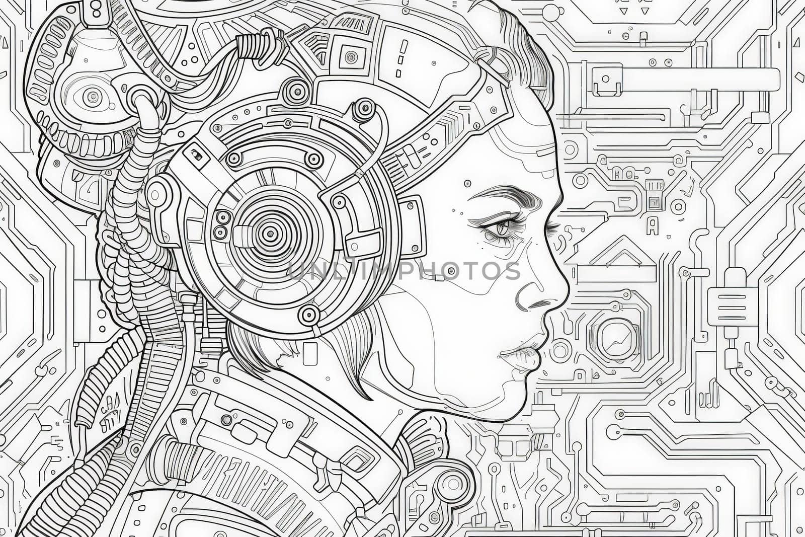 A womans profile merges with complex machinery in a seamless blend of humanity and technology.
