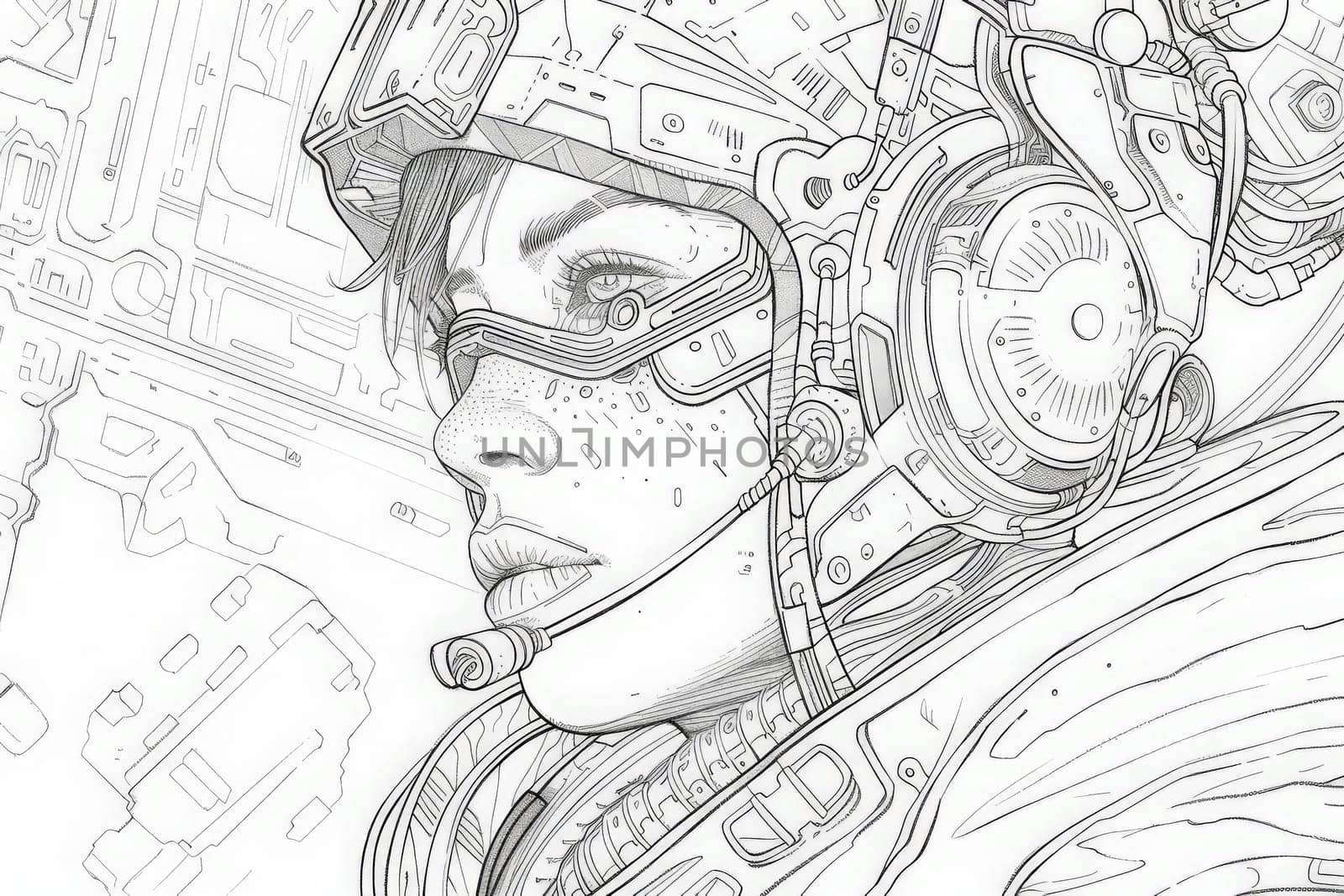 A detailed drawing of a woman wearing a futuristic helmet and protective goggles, exuding strength and readiness for action.