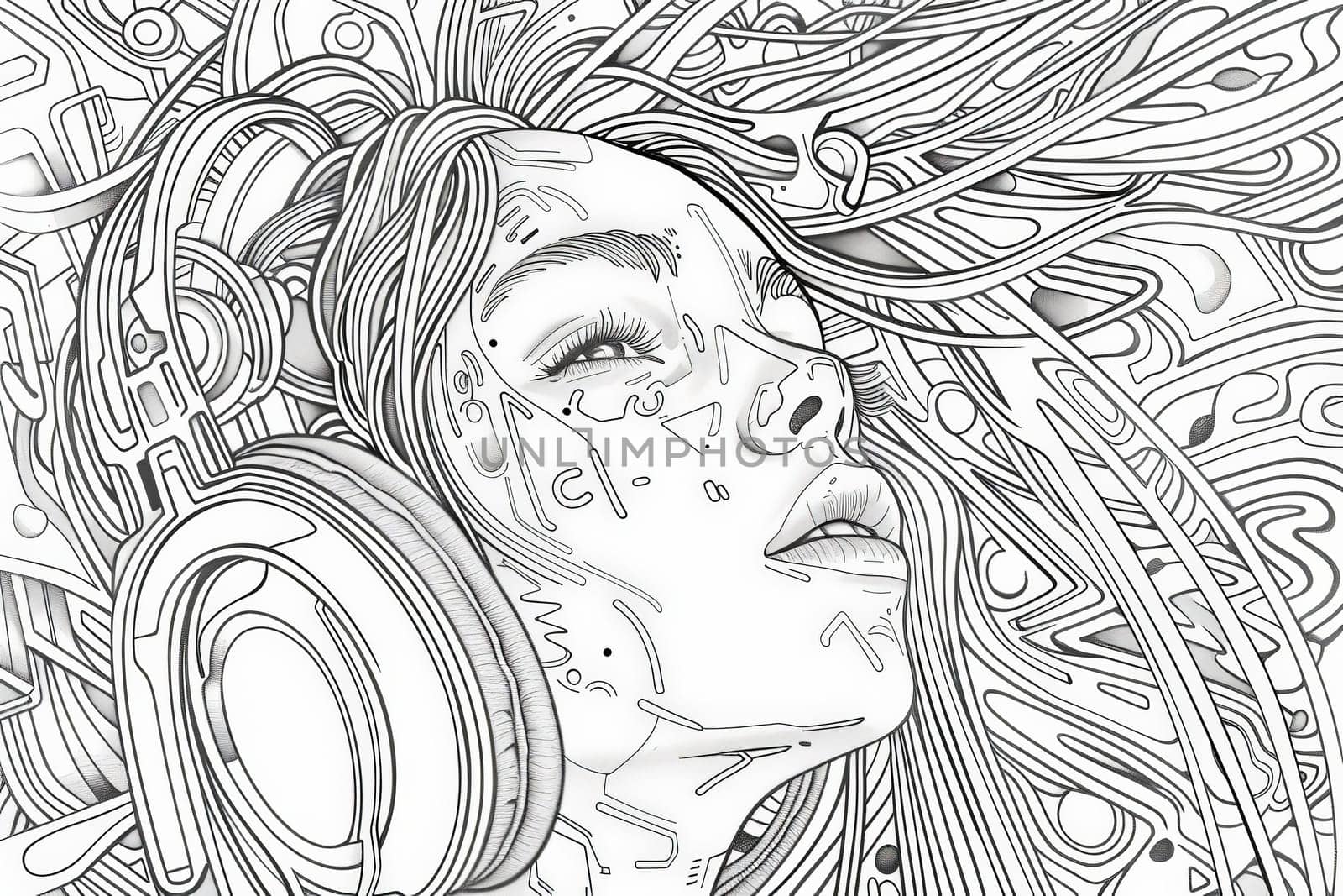 A woman lost in music, her world transformed into intricate designs that dance with the tunes.