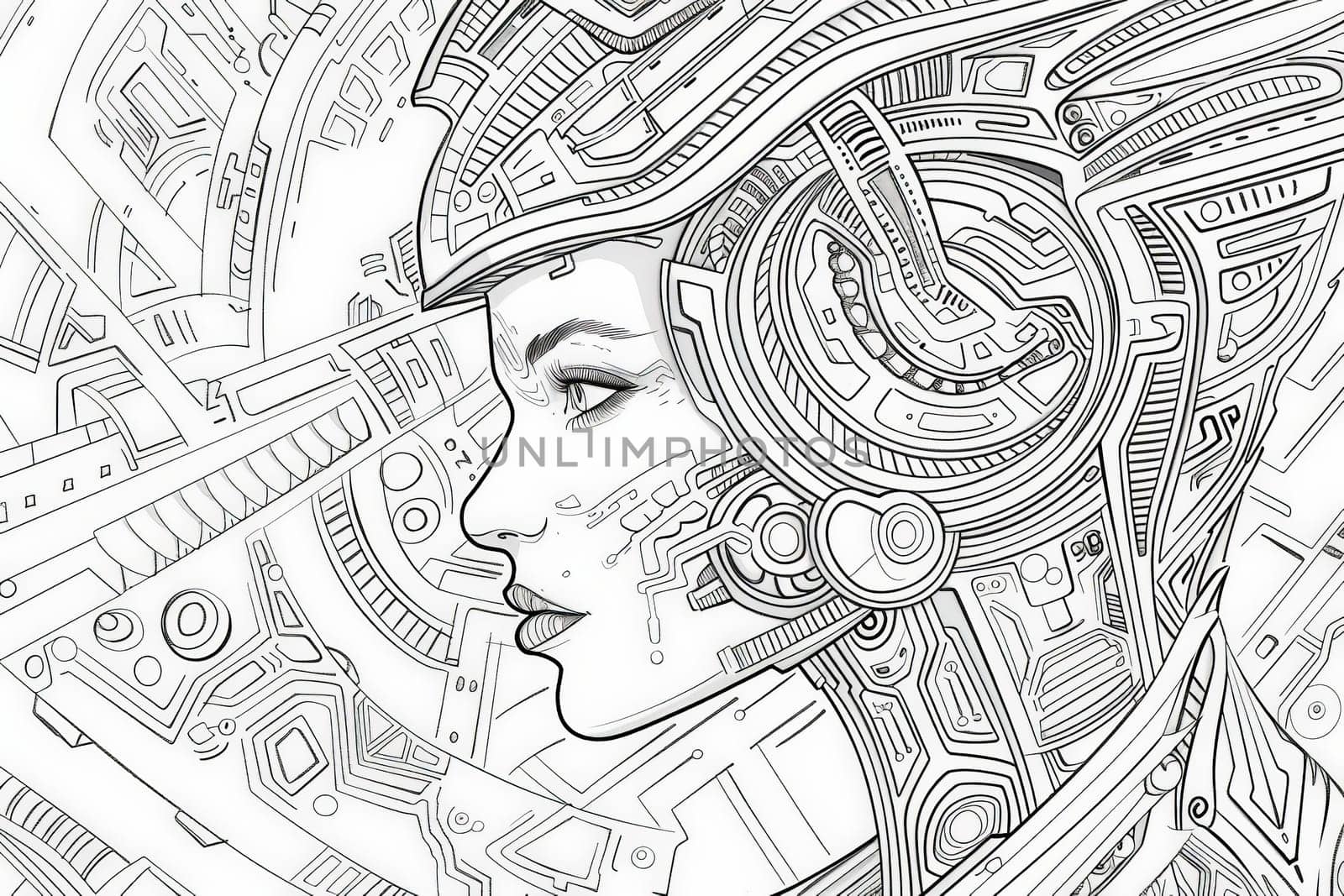 A detailed drawing of a womans face, exuding mystery and grace, set against a futuristic city backdrop.