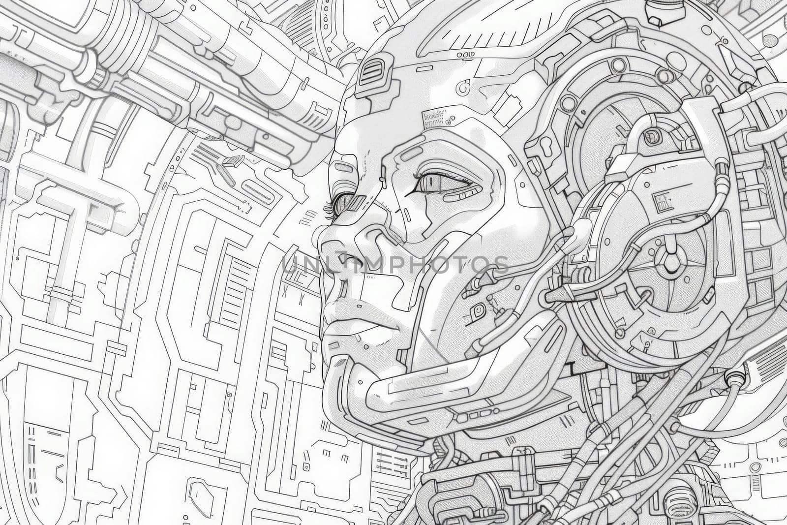 A detailed line art depicting a cyborg face entwined with technological elements.