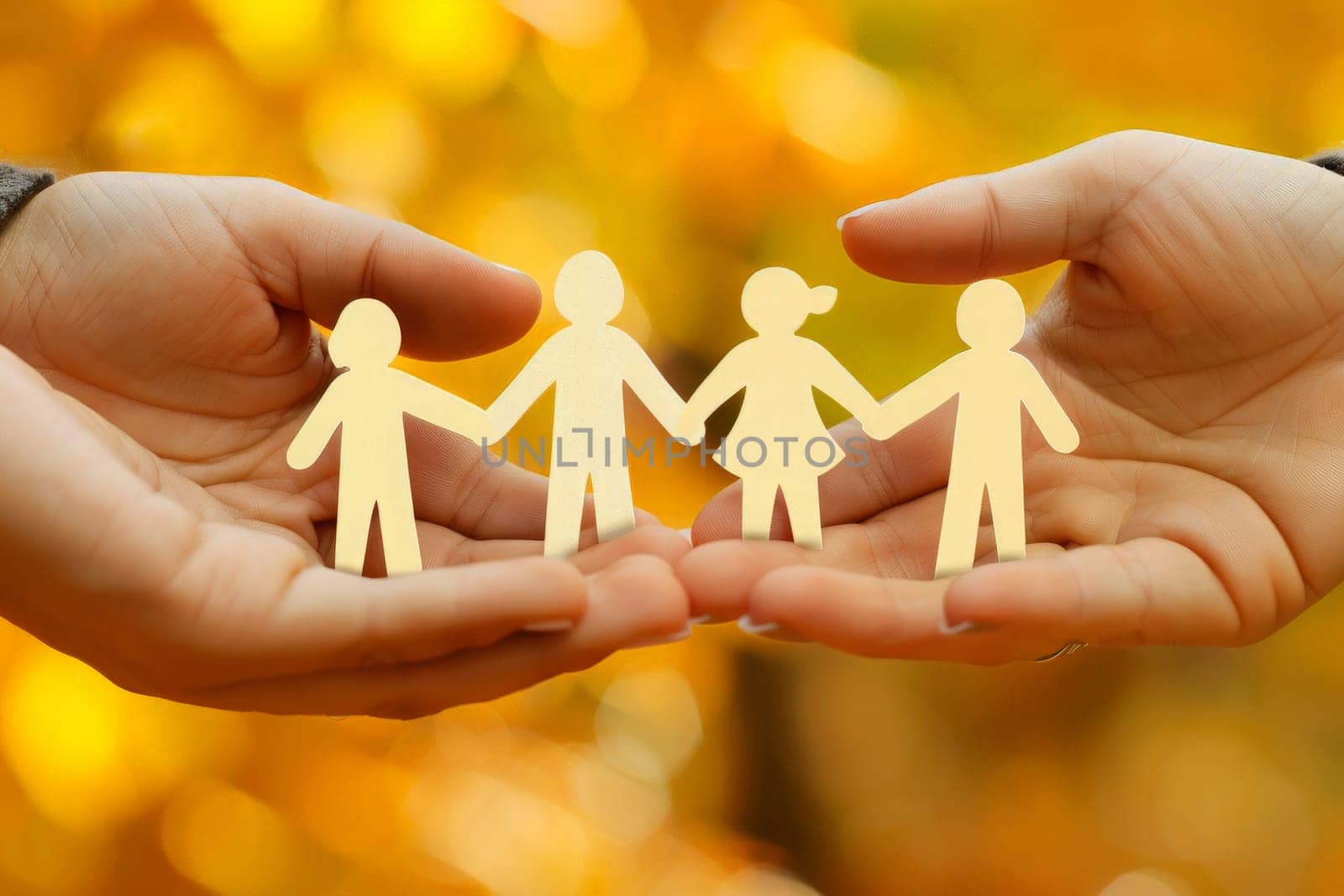 Two hands delicately hold a paper cutout of a diverse family, symbolizing love and unity.