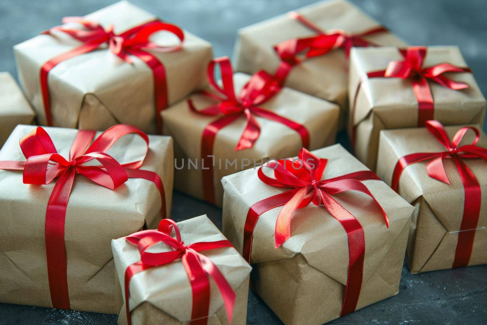 A group of beautifully wrapped presents adorned with red ribbons, creating a scene of joy and anticipation.