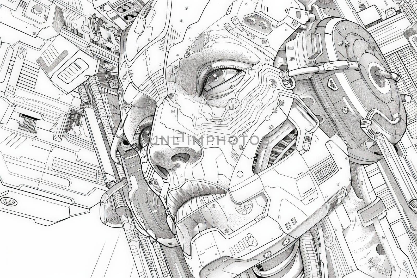 A detailed line-art of a face, merging human features with technological components.