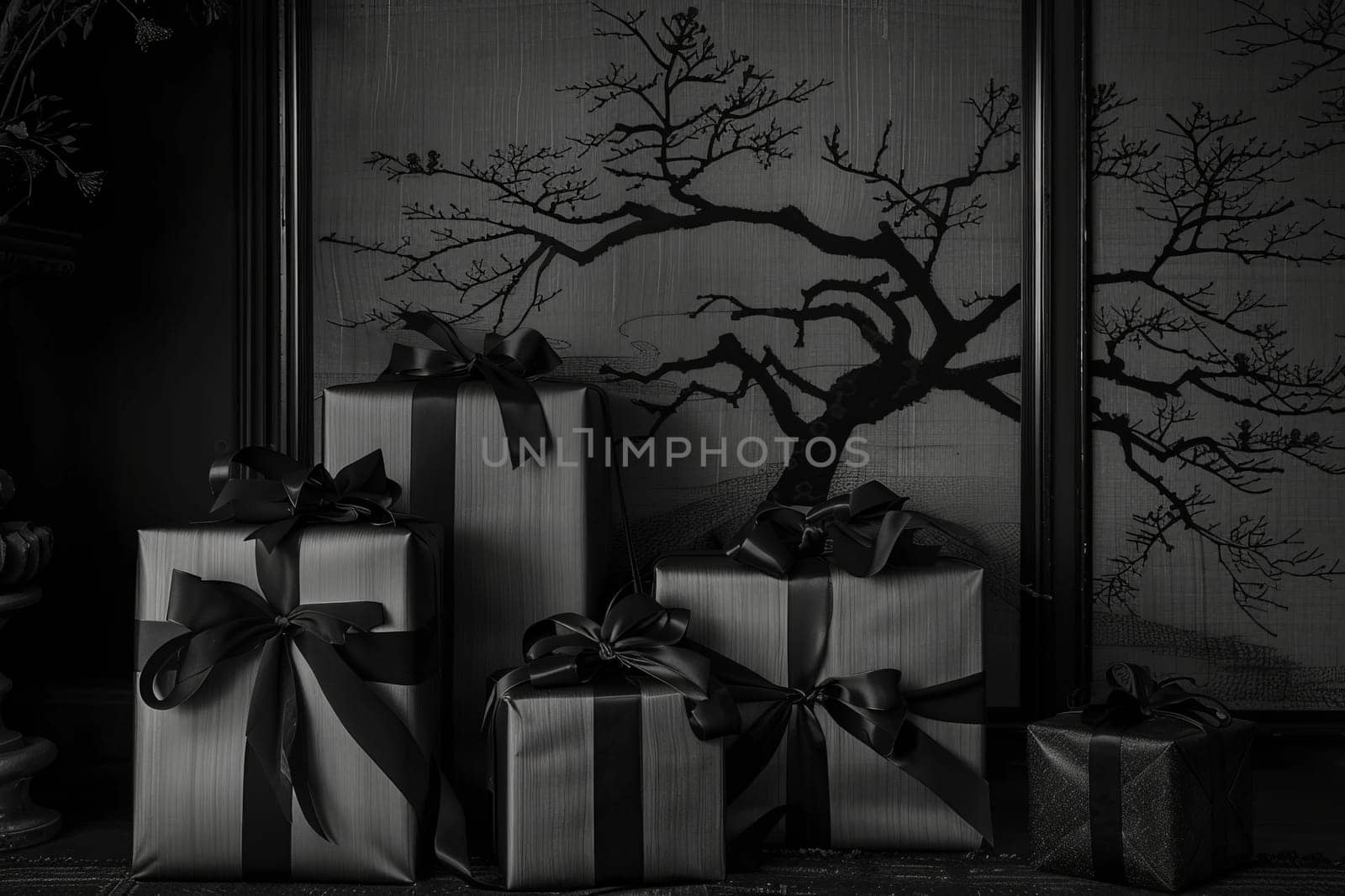 Various wrapped presents scattered in front of a tree, creating a charming and festive scene.