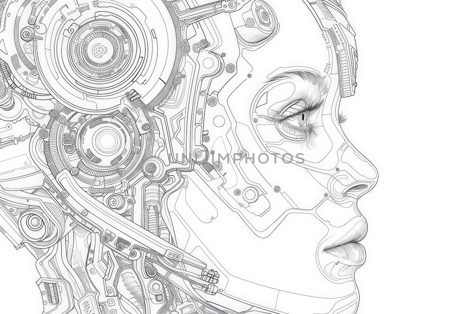 A detailed line art blending a human profile with robotic elements, hinting at a synthesis of technology and biology.