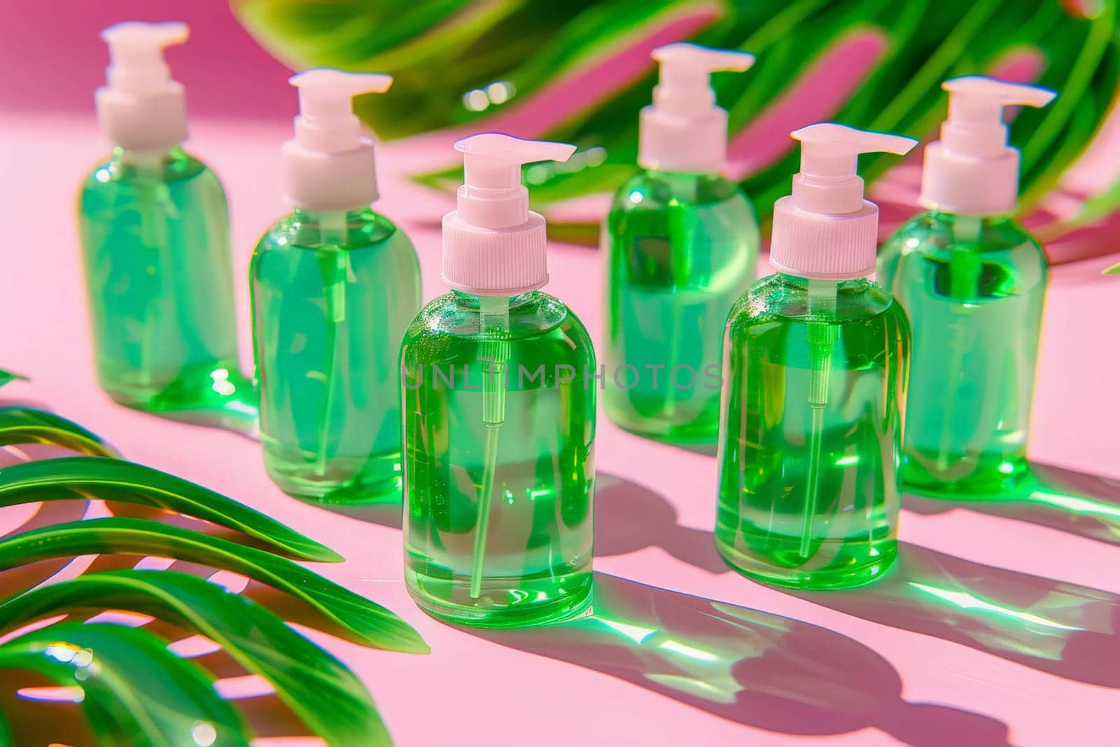 A group of green bottles filled with lotion elegantly placed on top of a table, creating a serene and harmonious display.