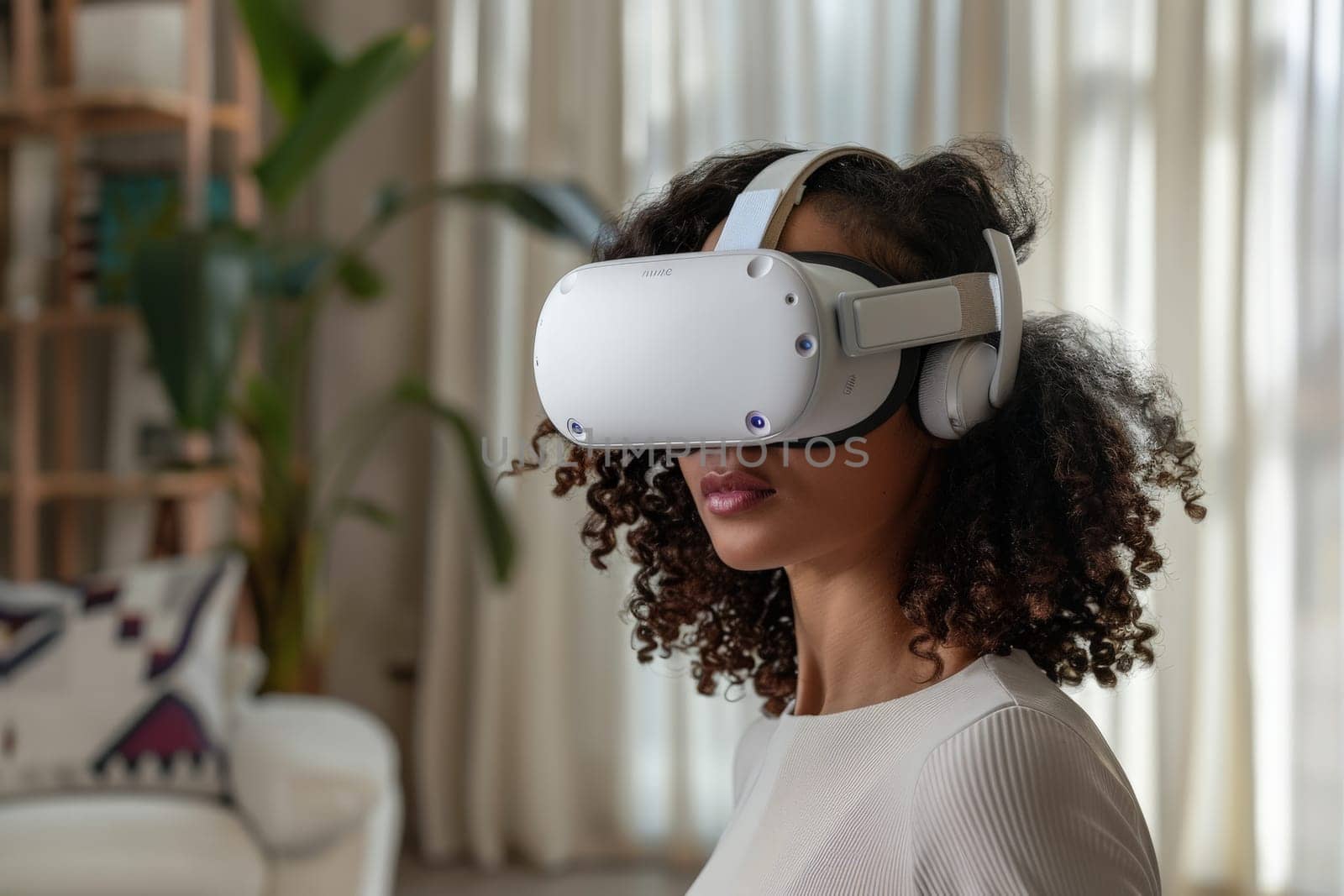 A woman immersed in virtual reality, experiencing a whole new world from the comfort of her living room.