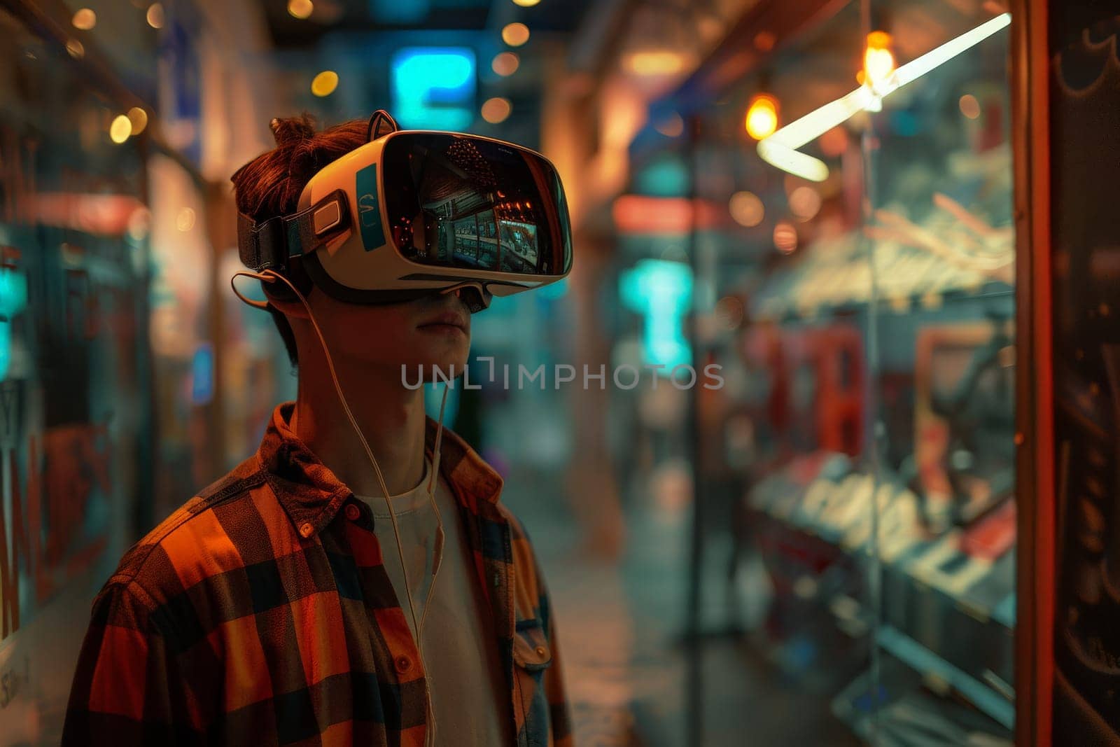 A man immersed in virtual reality, exploring a new world through a headset.