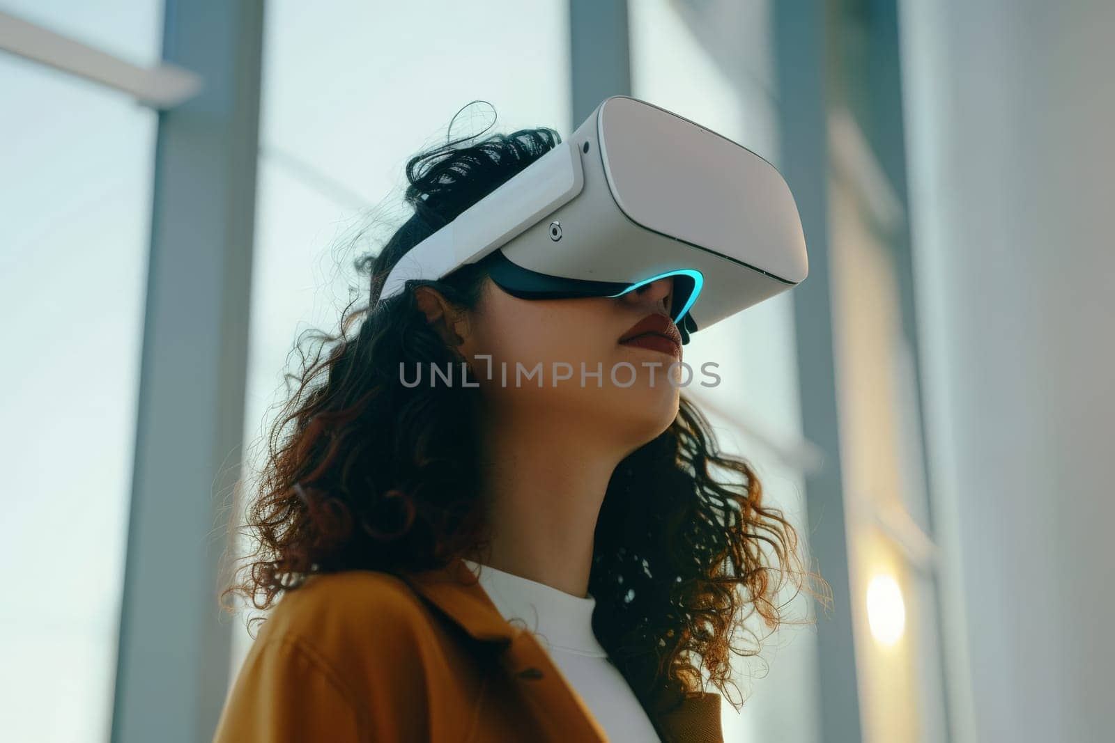 A mysterious woman explores a virtual world through a futuristic VR headset, her expression a mix of awe and curiosity.