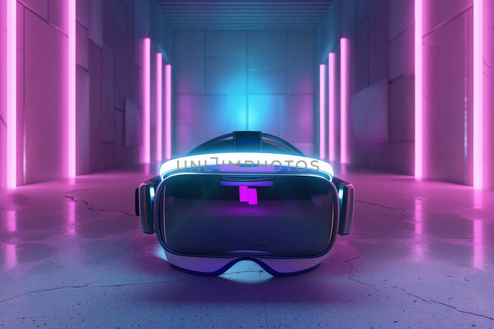 A VR headset gleams under neon lights, promising a futuristic adventure in a cutting-edge digital corridor.
