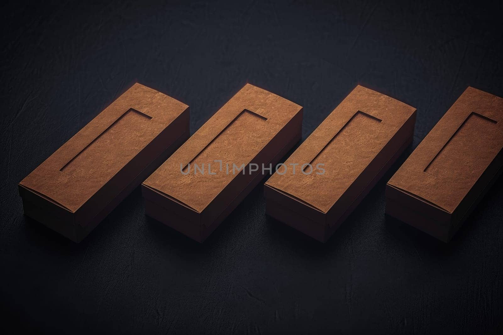 Four sleek, brown packaging boxes aligned perfectly on a matte surface, exuding modern sophistication.