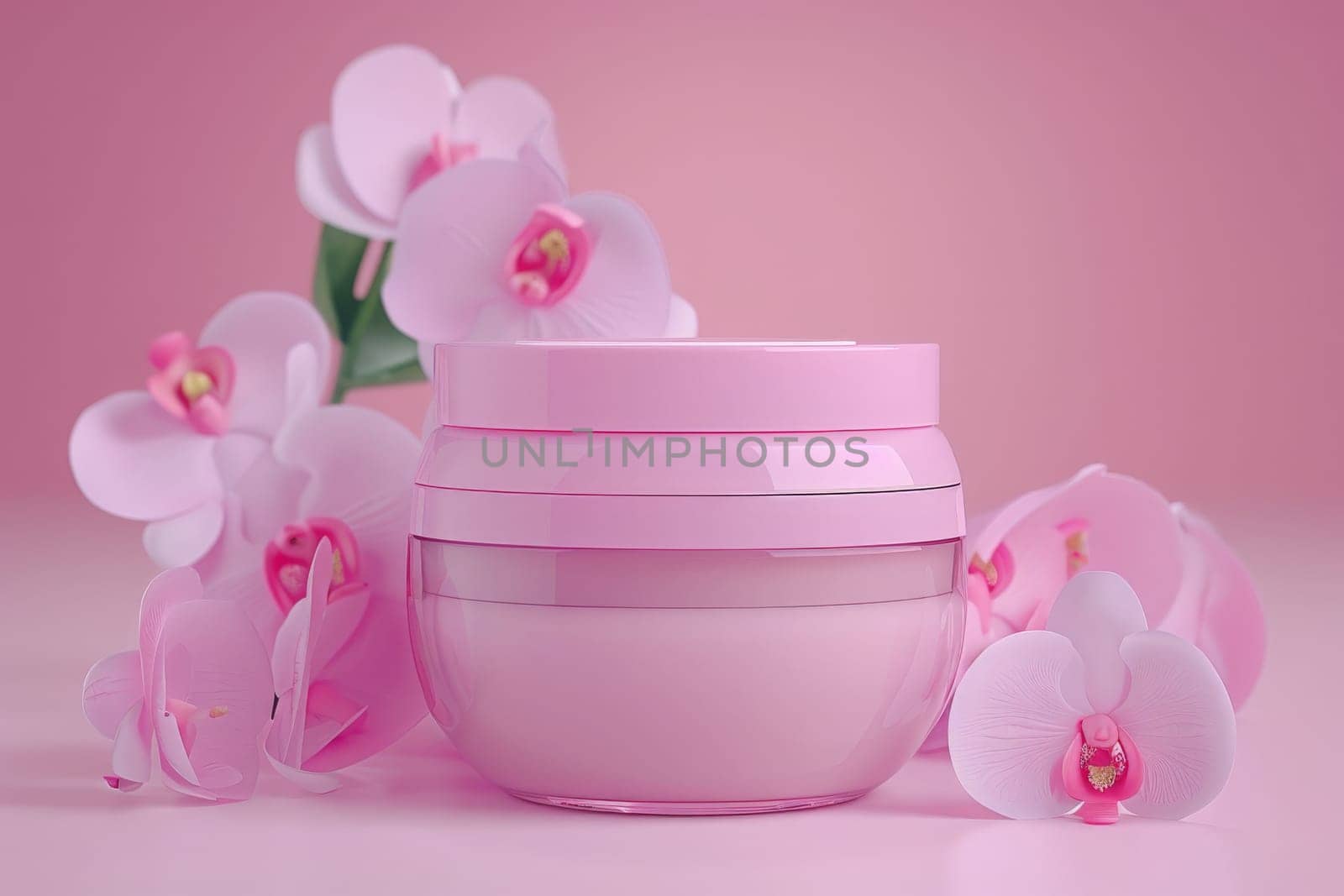 A pink vase filled with delicate pink flowers against a soft pink background, creating a harmonious and elegant display.