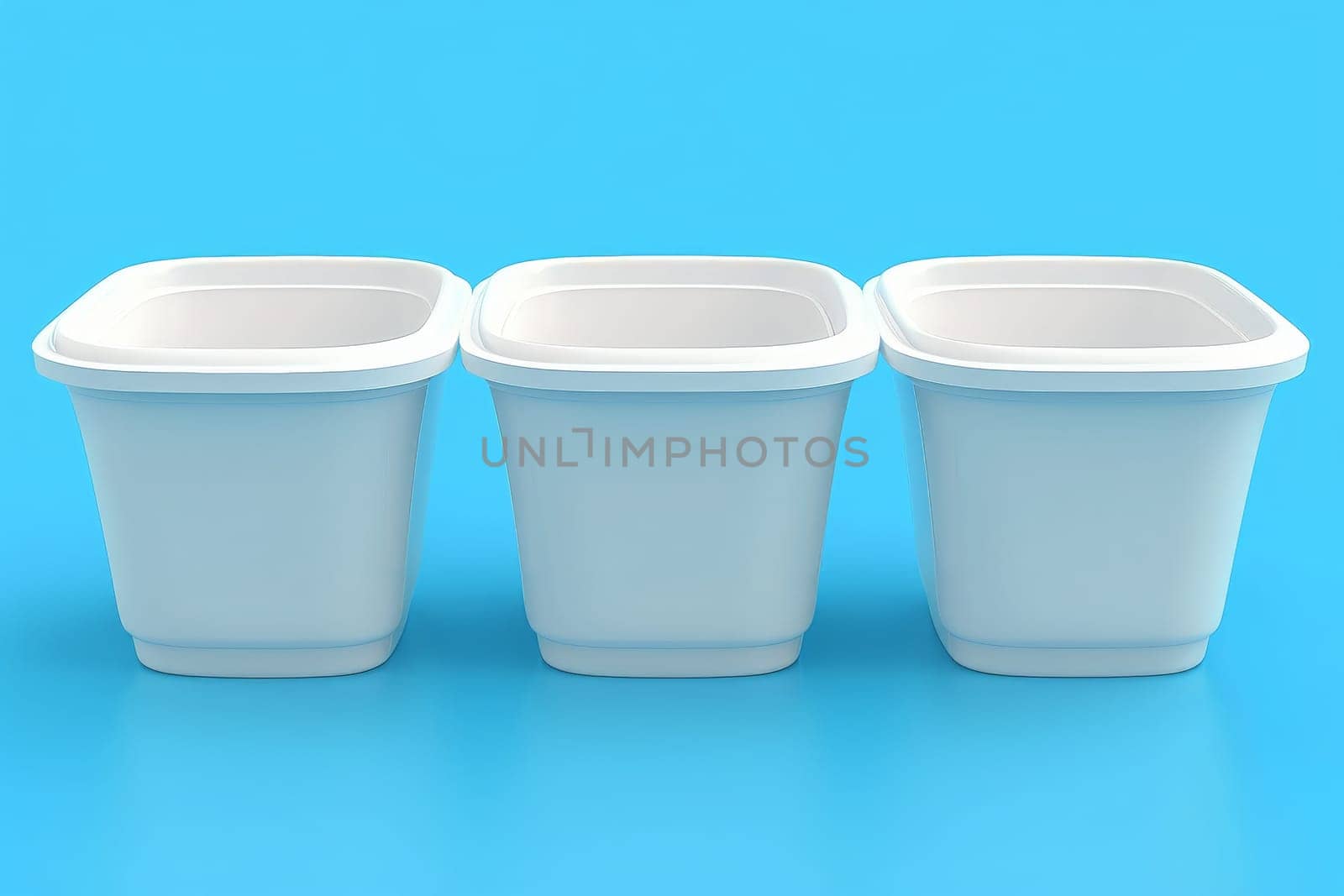 Three white plastic containers stand gracefully on a vibrant blue background, creating a serene and minimalist composition.
