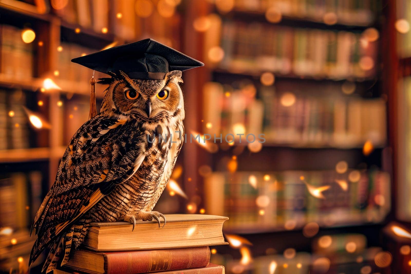 An wise owl wearing a graduation hat and sitting on top of books in the library. AI generated