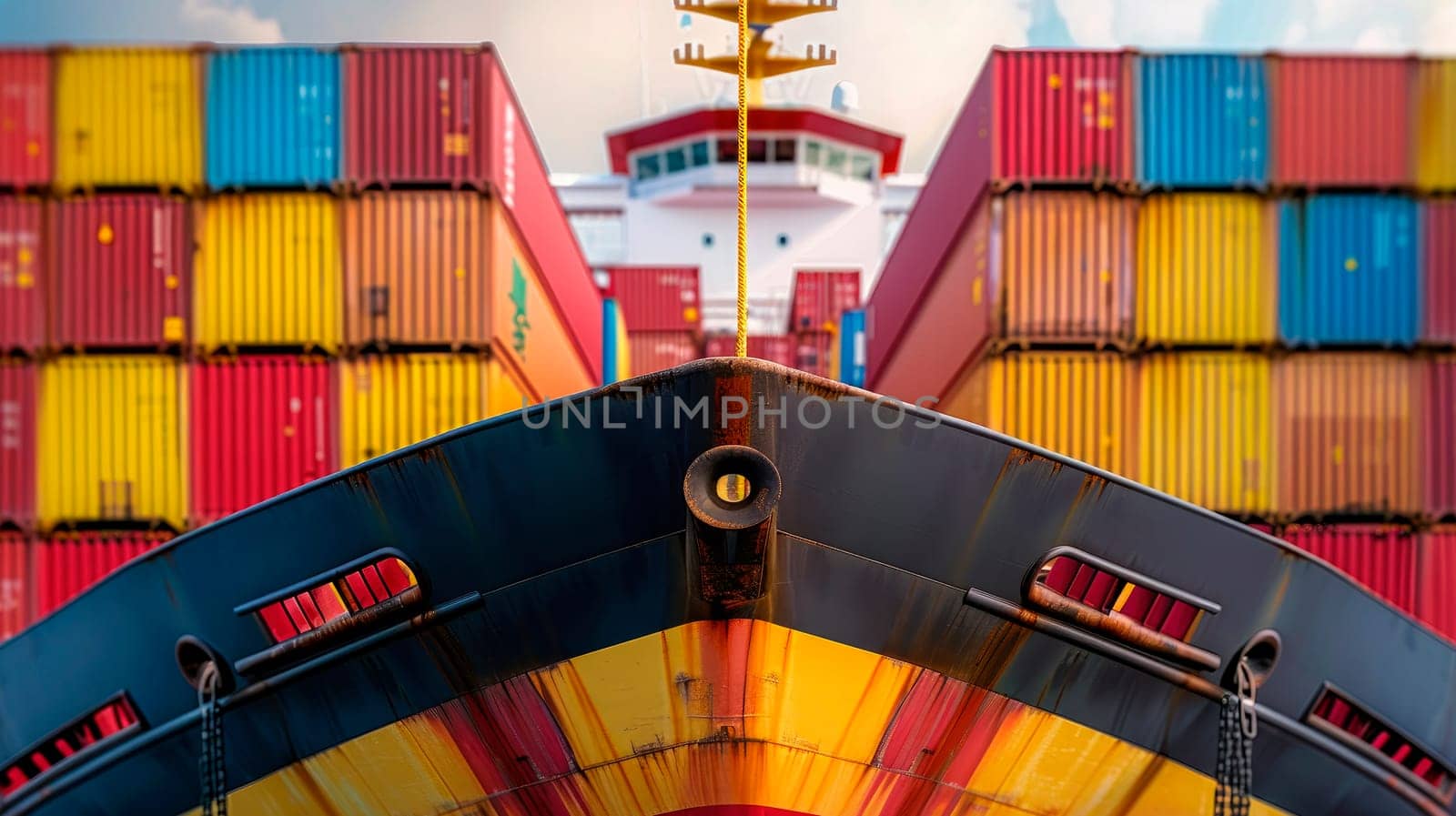 Front, close view of container vessel.Performing cargo export and import operations. AI generated