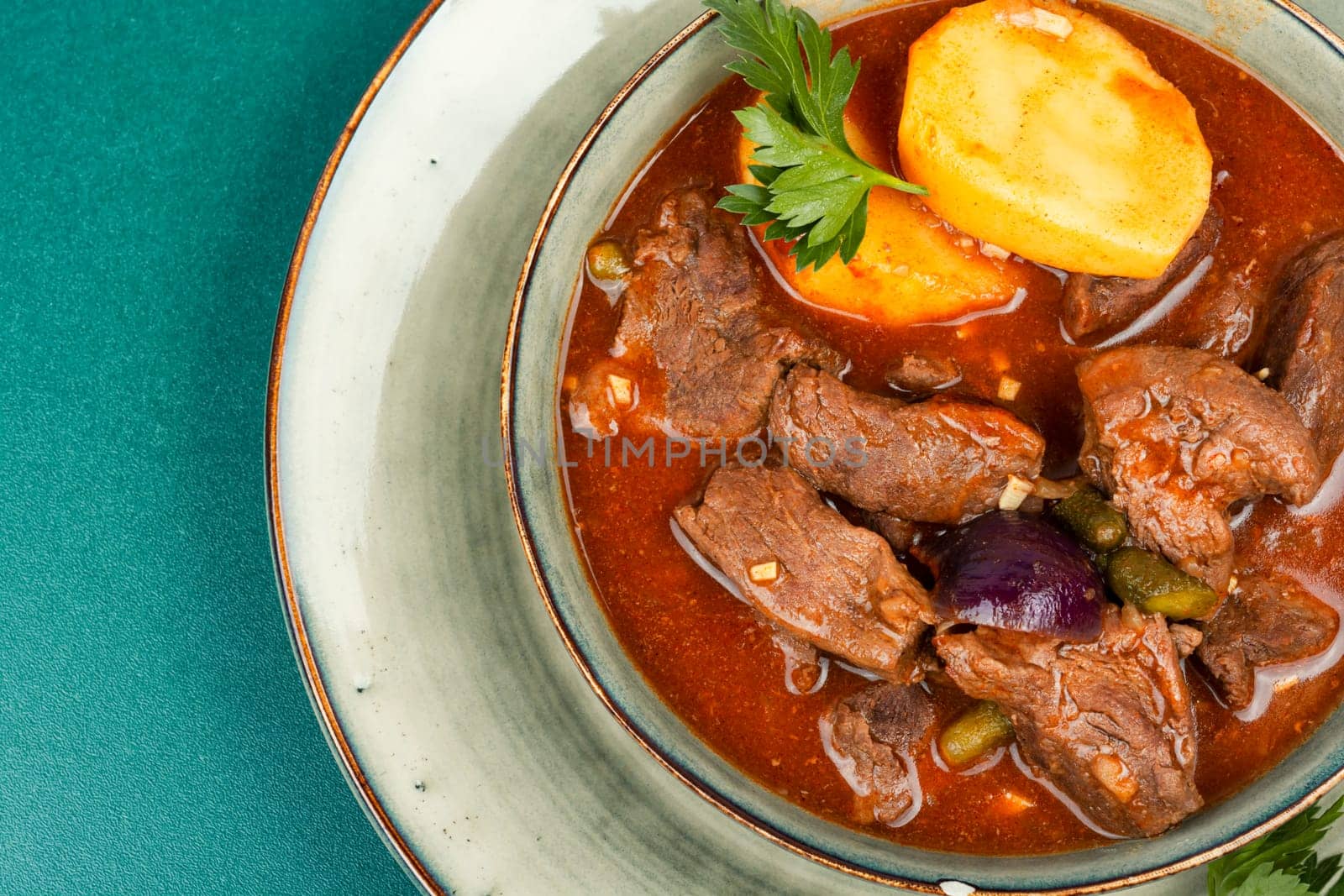 Stewed deer goulash in sauce, venison goulash. Wild game meat. Copy space.