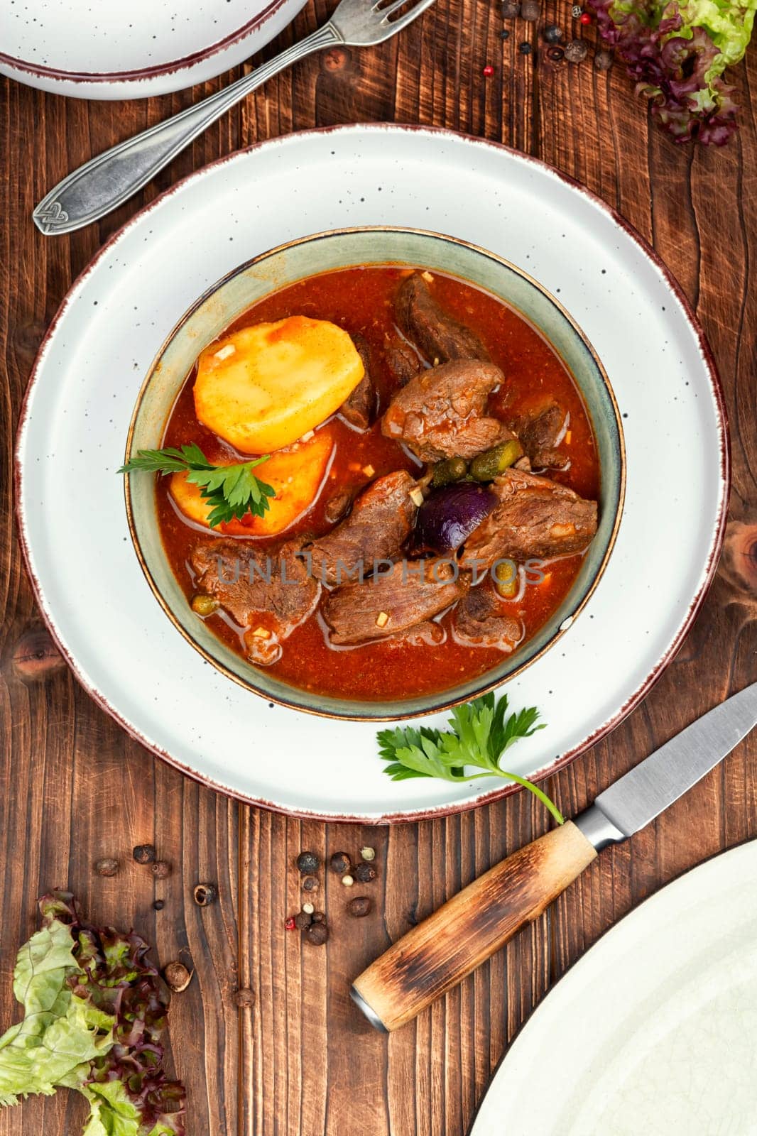 Stewed deer goulash in sauce, venison goulash. Wild game meat. Copy space.