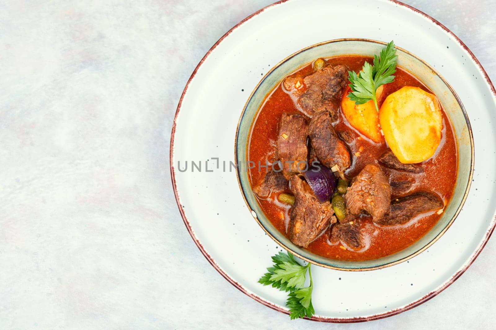 Stewed deer goulash in sauce, venison goulash. Venison ragout. Copy space. Space for text.